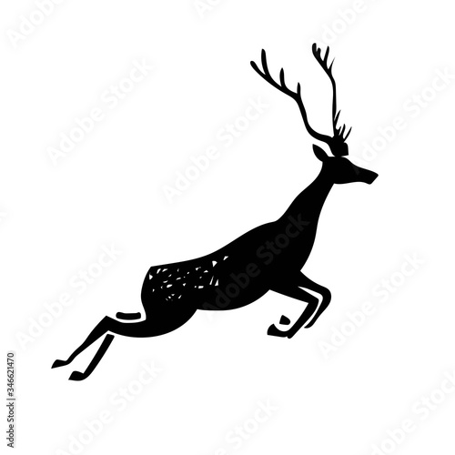 Black-white silhouette. Drawing of a running deer  cave painting.