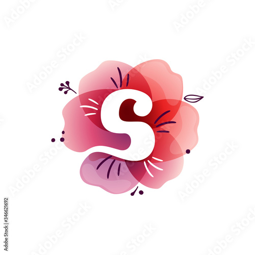 S letter logo at watercolor overlapping flower.