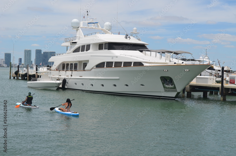 Luxurious motor yacht moored at a Miami Beach,Florida marina.