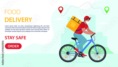 Courier on bicycle with parcel box. Bike delivery service concept. Fast delivery food concept under conditions of coronavirus. Landing page or banner. Vector illustration in flat style