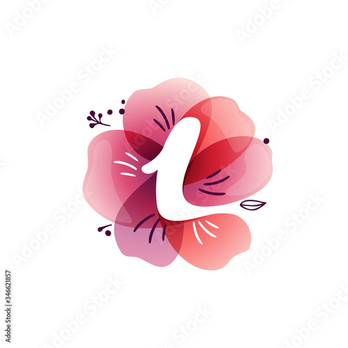 L letter logo at watercolor overlapping flower.
