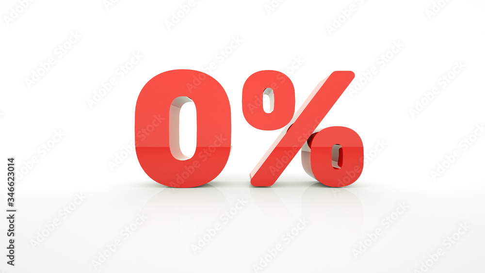 Red text zero 0 percent off on white background with reflection. 0% red digit, symbol. 3d render. Red text zero 0 percent off on white background with reflection. 0% red digit, symbol. 3d render.