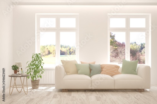 White living room with sofa. Scandinavian interior design. 3D illustration