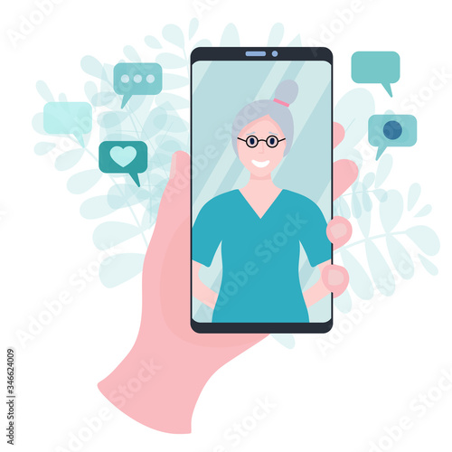 Hand holding smartphone with video call to mother or grandmother or another eldery family member. Chat via mobile app. Video communication concept vector flat illustration.