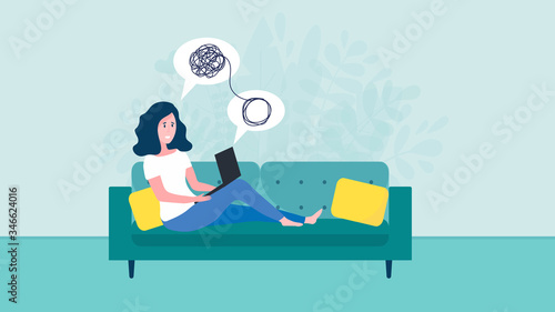 Woman sitting on sofa with laptop on online psychological consultation. Concept of online psychotherapy session, support or help. Professional online therapist counseling female with mental problem.