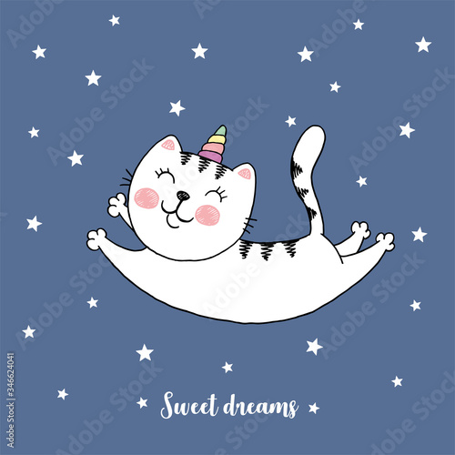 Vector hand drawn illustration of white cat unicorn flying in the night sky among stars, cute sketch card with lettering sweet dreams, cartoon fairy tale kitten with colored horn, good night