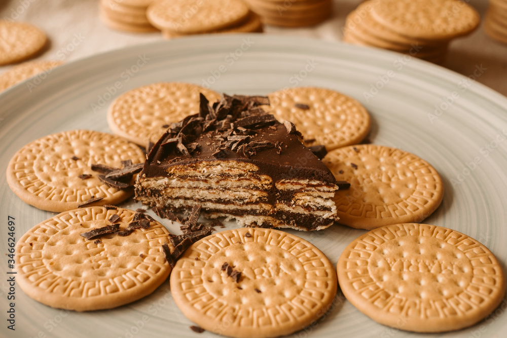 Delicious biscuit and chocolate cake. Homemade cake on biscuit background. Delicious biscuit and chocolate cake. Homemade cake on biscuit background.