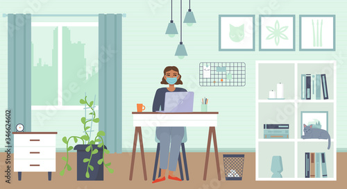 African american woman sitting with laptop at home with mask. Cozy interior. Home office, Working home, freelance, remote work,online education, quarantine covid-19 concept.Stock vector illustration.