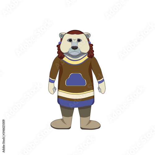 Eskimo polar bear in traditional clothes on white isolated background, vector illustration for making prints on clothes, bags, note and sketchbooks or using as an original art for Culture topic.