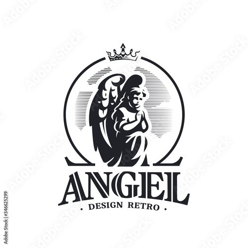 Angel child prays standing on his knee.