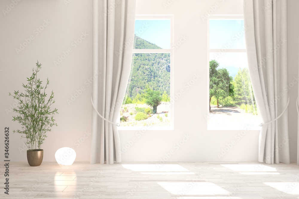 Fototapeta premium Stylish empty room in white color with summer landscape in window. Scandinavian interior design. 3D illustration