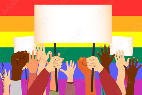 People holding a banner. LGBT society.  Freedom Day. Parade, poster. Hands. Gay rights.