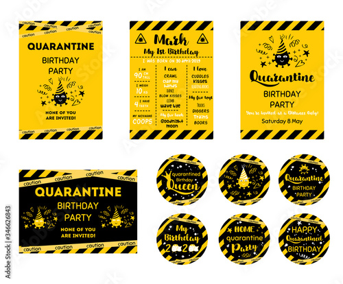 Quarantine Birthday set Home party invitation Yellow black Birthday cards upcake toppers Birth online party banner Vector