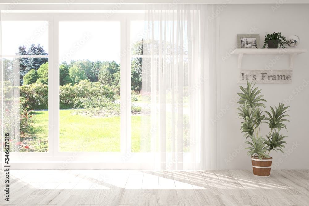White empty room with summer landscape in window. Scandinavian interior design. 3D illustration White empty room with summer landscape in window. Scandinavian interior design. 3D illustration