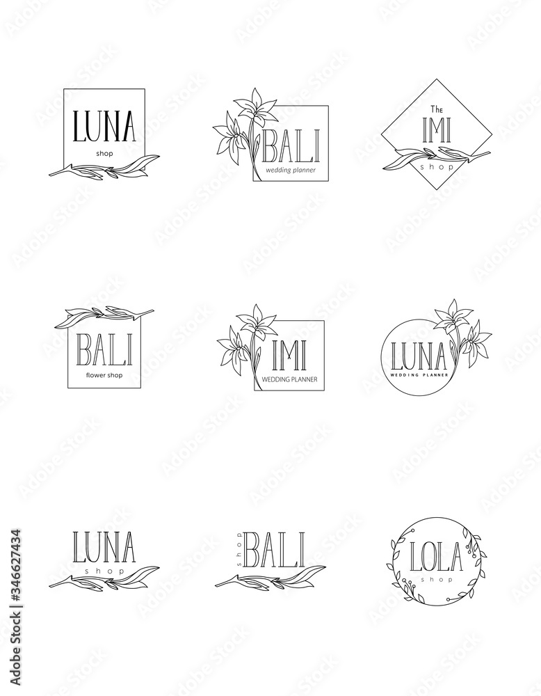 logo set made in minimal style. Set of nine logo. Stylish logo in a minimalist style with the image of flowers and branches.