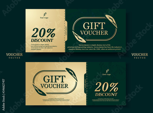Gift card format Emerald green tones Decorated with gold leaf ellipse, modern, smooth, elegant, Middle East. Sales promotion. Illustration/Vector