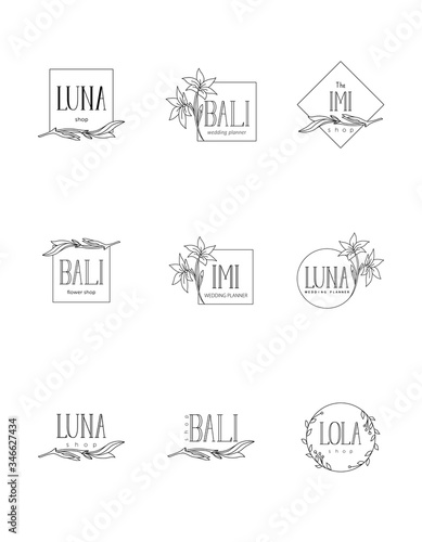 logo set made in minimal style. Set of nine logo. Stylish logo in a minimalist style with the image of flowers and branches.