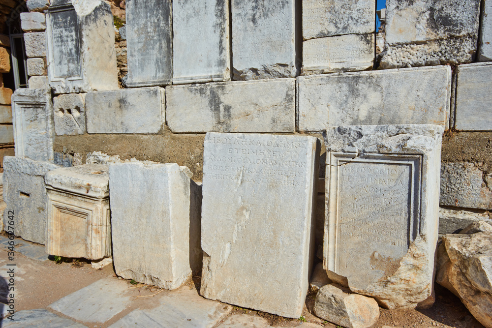 The wall sign remains on the wall of Celsus Library, Ephesus,
