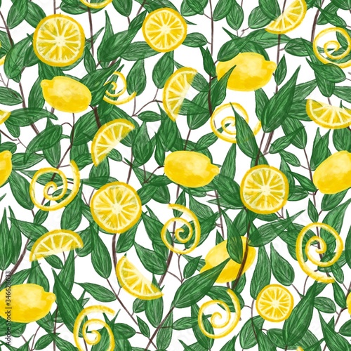 Lemons and leaves. Yellow and green colors. Seamless pattern texture. Whole lemon and a round slice. Drink Ingredients. For fabric design