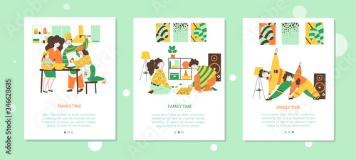 Time family, quarantine classes onboarding mobile app screen vector templates set