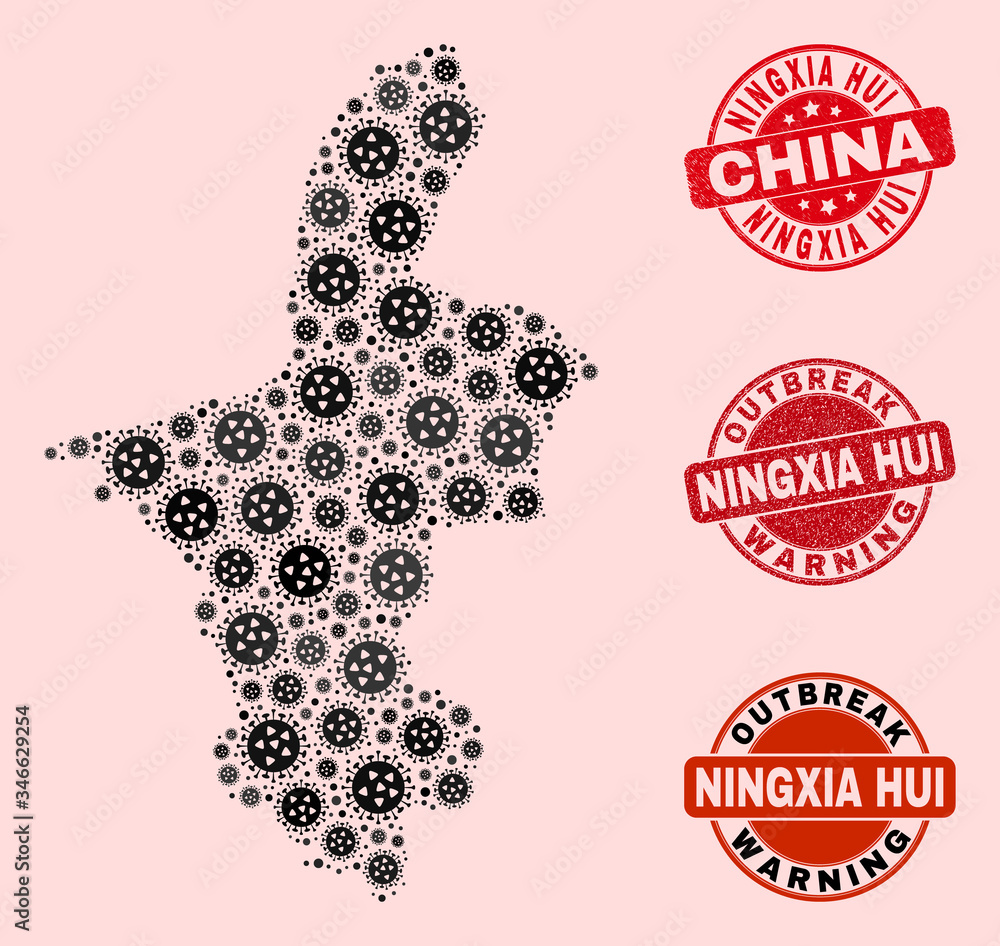 Outbreak combination of flu viral mosaic Ningxia Hui Region map and grunge seals. Vector red imprints with grunge rubber texture and Outbreak Warning caption. Outbreak combination of flu viral mosaic Ningxia Hui Region map and grunge seals. Vector red imprints with grunge rubber texture and Outbreak Warning caption.