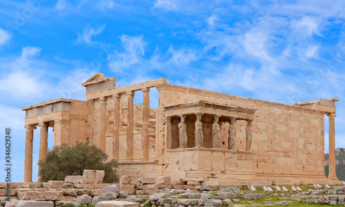 Panorama of famous Erechtheion Greek temple with Porch of the Caryatids on the north side of the Acropolis in Athens, Greece