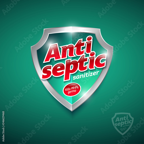 Antiseptic logo. Sanitizer gel, antiseptic and virus protection. Sanitizer for hands and body. Glossy red letters.