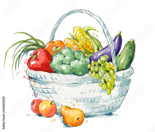 A basket full of fresh fruit and vegetables watercolor illustration