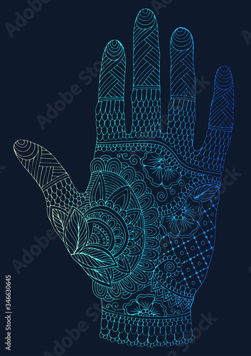 Vector drawn tattooed arm with a flower and weave patterns. Ornamental decorated graphic illustration yoga hand. Design card, print on t-shirt. Pattern mehndi colorful neon art line on a dark back 