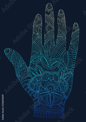 Vector drawn tattooed arm with a flower and weave patterns. Ornamental decorated graphic illustration yoga hand. Design card, print on t-shirt. Pattern mehndi colorful neon art line on a dark back 