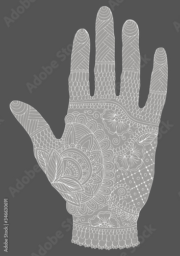 Vector drawn tattooed arm with a flower and weave patterns. Ornamental decorated graphic illustration yoga hand. Design card, print on t-shirt. Pattern gray mehndi with white lines on a dark back 