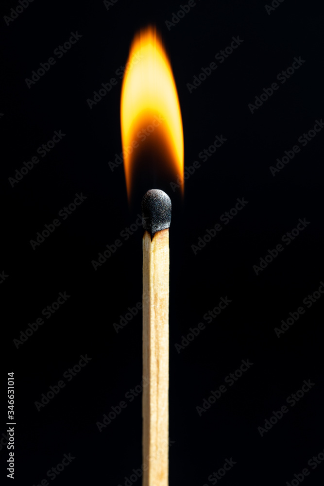 Single matchstick on fire in froSingle matchstick on fire in front of black background.nt of black background. Single matchstick on fire in froSingle matchstick on fire in front of black background.nt of black background.