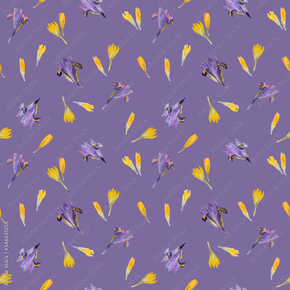 Seamless pattern with flowers irises and crocuses. Watercolor spring flowers background.