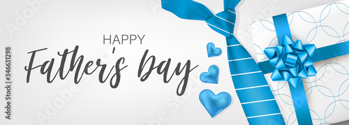 Happy Father's Day banner or header. Blue tie and gift box. Vector illustration.