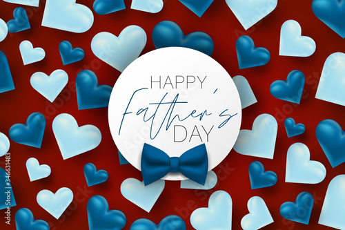 Happy Father's Day sale banner. Blue tie bow and hearts on red background. Vector illustration.