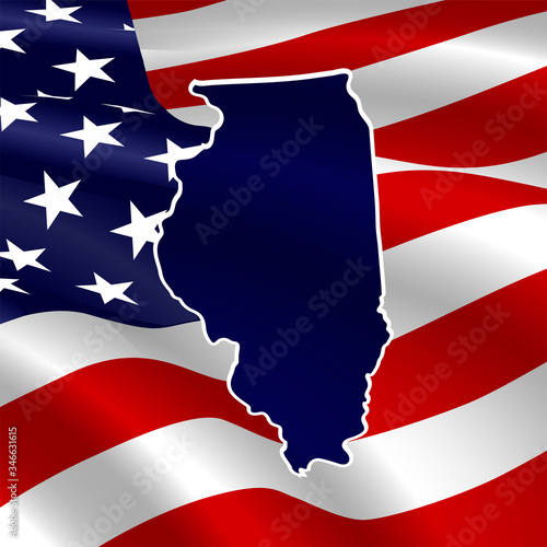 United States, Illinois. Dark blue silhouette of the state on its borders on the background of the USA flag.