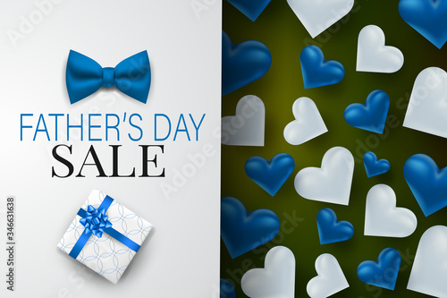 Father's Day sale banner or header background design. Blue tie bow and hearts. Vector illustration.