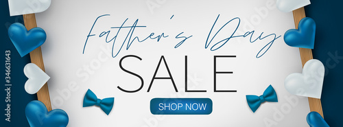 Father's Day sale banner or header background design. Blue tie bow and hearts. Vector illustration.