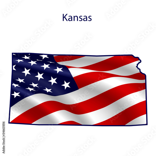 Kansas full of American flag waving in the wind. The outline of the state