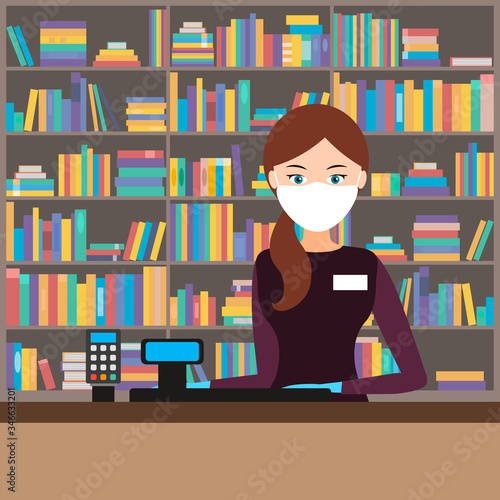 girl seller in a bookstore. vector.
