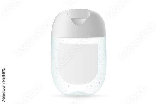 Hand wash sanitizer bottle. Pocket dispenser mockup for your product. Plastic bottle with label ready for mock up. Vector illustration isolated on white background.