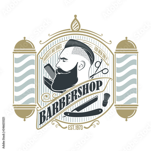 Barber shop poster, banner template design with Bearded men and barber pole. Vector illustration