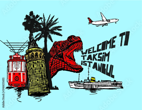Istanbul dinosaur taksim istiklal street tram embroidery graphic design vector art