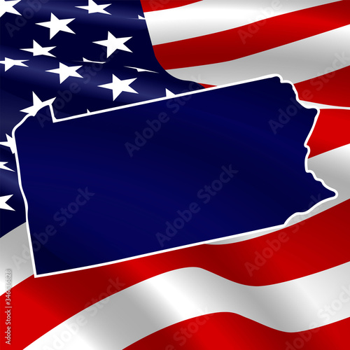 United States, Pennsylvania. Dark blue silhouette of the state on its borders on the background of the USA flag.