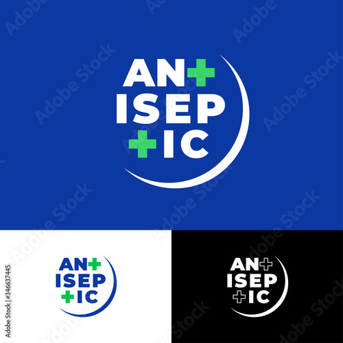 Antiseptic logo on a different backgrounds. Letters T like medical crosses into circle badge. Hand antiseptic medicine product. Logotype for antibacterial sanitizer gel. 
