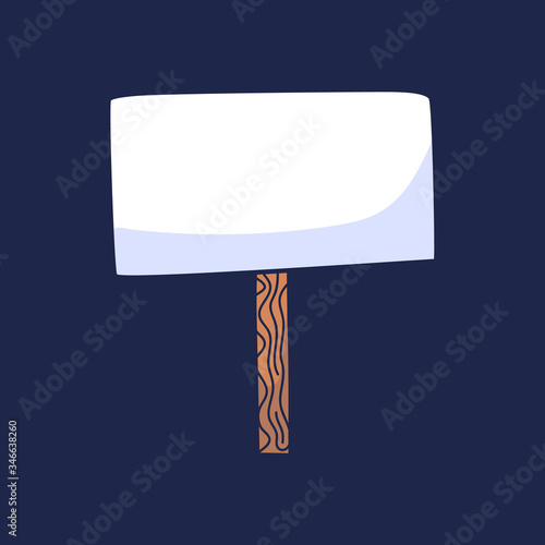 Blank banner cartoon mock up on wood stick. Vector empty board plank holder. Protest sign isolated on background