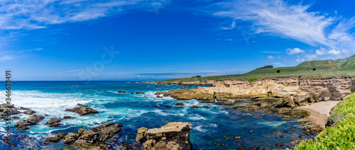 Panorama of Coast, Waves, Ocean, Rocks, Cliffs 
