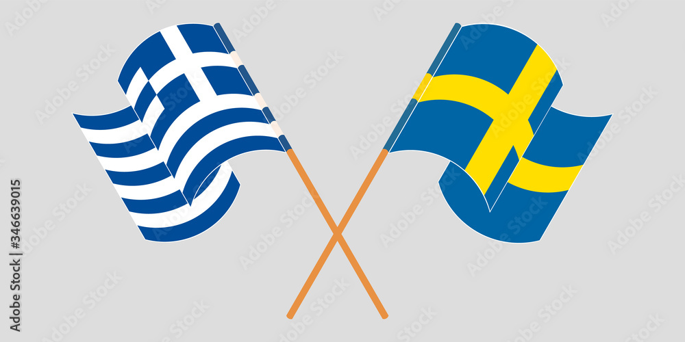 Crossed and waving flags of Greece and Sweden