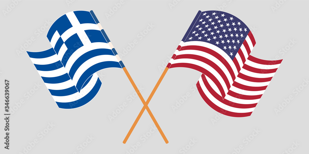 Crossed and waving flags of Greece and the USA Crossed and waving flags of Greece and the USA