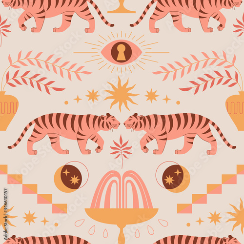 Seamless pattern with chinese tigers in boho asian style. Beautiful animal print design. For fabric, wall art, interior, packaging. Sun, crescent moon, star, floral branch, eye. Magic mystery concept.